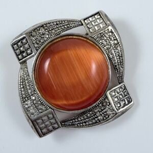 Vtg Silver Tone Orange Cats‎ Eye Brooch Pendant Marcasite Style Art Deco Square